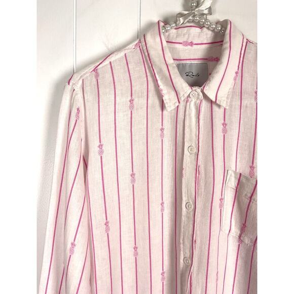 Rails Charli Pink Stripped Linen/Cotton Blend Button Down Blouse with Pinapples - Picture 1 of 12